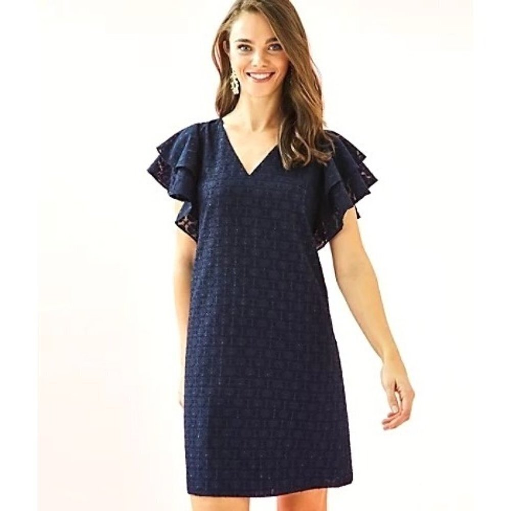 Lilly Pulitzer True Navy Tanzanian Flounce Sleeve Sheath Dress Size‎ 00